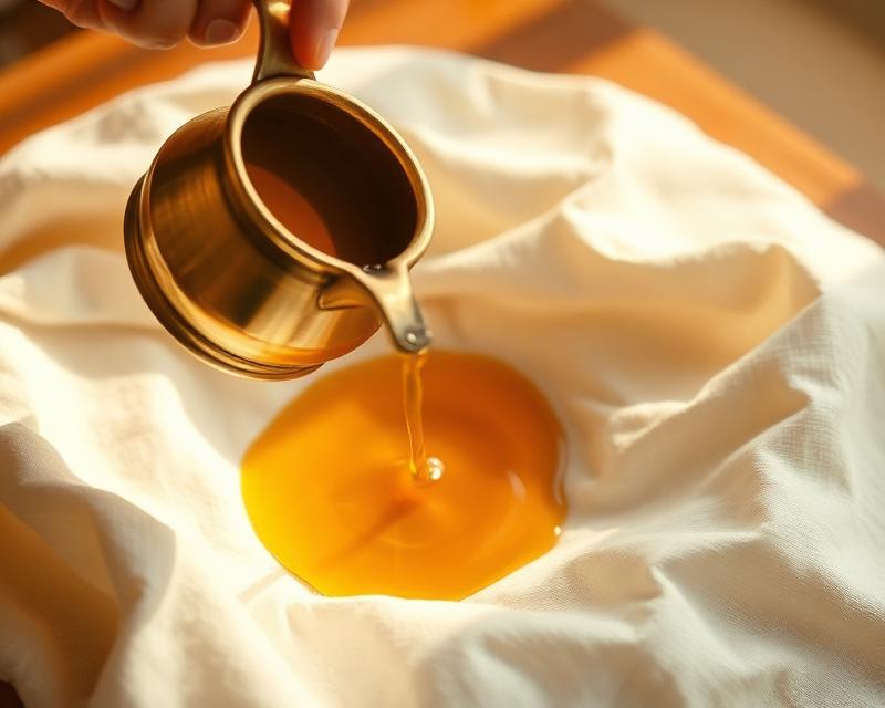 Messingkanne gießt warmes goldenes Öl auf Leinen