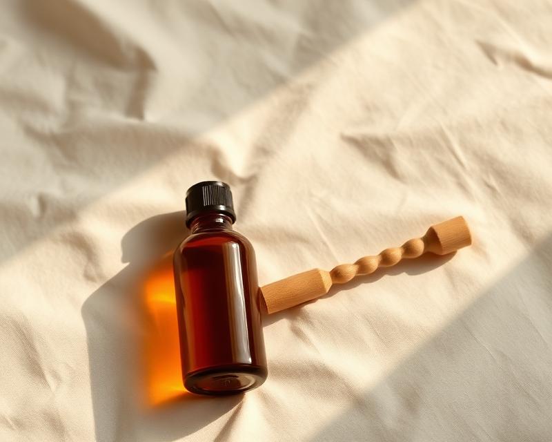 Holz-Faszienrolle und kleine Ölflasche auf Leinen