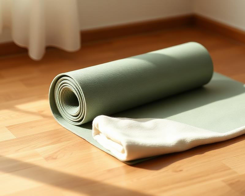 Zusammengerollte Yogamatte und gefaltetes Handtuch