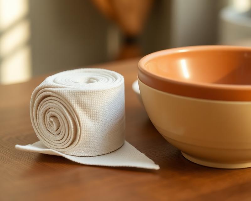 Kompressionsbinde und Terracotta-Schale auf Holztisch