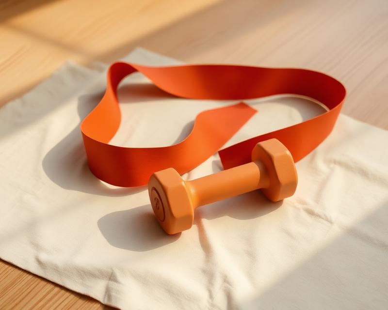 Terracotta-Widerstandsband und Kurzhantel auf Leinen